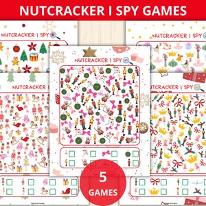 May include: Five printable Nutcracker I Spy games. Each game features a colourful illustration of a Nutcracker scene with hidden objects to find. The games are perfect for children of all ages and can be used for parties, classroom activities, or just for fun.