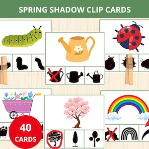 Pode incluir: Cartões de clip de sombra de primavera com ilustrações coloridas de uma lagarta, regador, joaninha, carrinho de jardim, cerejeira em flor e arco-íris. O conjunto inclui 40 cartões para atividades educacionais. O texto "Spring Shadow Clip Cards" está no topo.