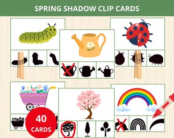 Lente schaduw matchen, lente schaduw clipkaarten, voorschoolse activiteit lente, lente drukke boek, homeschool lente, lente Montessori, werkblad
