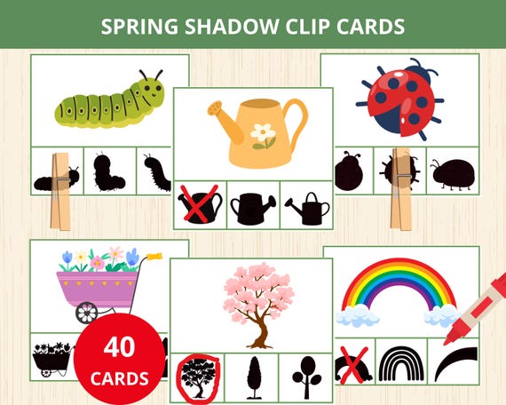 Spring shadow matching,Spring shadow clip cards,Spring preschool activity,spring busy book,Homeschool spring,springtime Montessori,worksheet