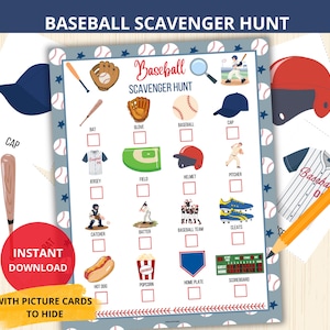 Może przedstawiać: Drukowana gra w poszukiwanie skarbów o tematyce baseballowej z ilustracjami sprzętu do baseballu i listą kontrolną. U góry widnieje napis "Baseball Scavenger Hunt". Zawiera czerwone koło z napisem "Instant Download" i żółty baner.
