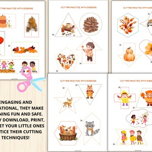 May include: A set of eight printable autumn-themed cutting practice worksheets for children. Each worksheet features a different shape to cut out, with a variety of fall-themed illustrations inside, such as a pumpkin, a squirrel, and a pinecone. The text "CUTTING PRACTICE WITH SCISSORS" appears at the top of each worksheet.