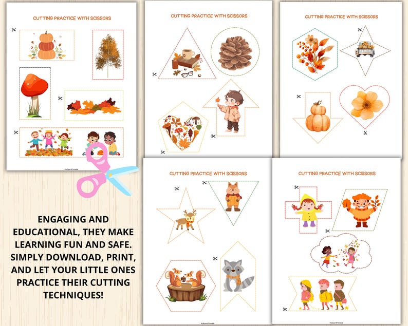 May include: A set of eight printable autumn-themed cutting practice worksheets for children. Each worksheet features a different shape to cut out, with a variety of fall-themed illustrations inside, such as a pumpkin, a squirrel, and a pinecone. The text "CUTTING PRACTICE WITH SCISSORS" appears at the top of each worksheet.