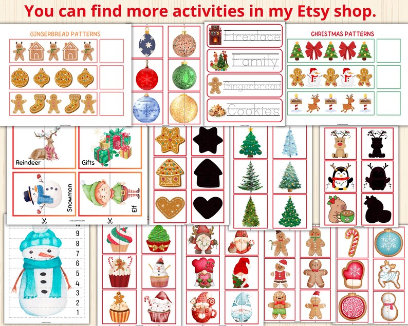 Pu&ograve; includere: Una collezione di stampabili educativi a tema natalizio. L'immagine presenta modelli di pan di zenzero, modelli di alberi di Natale e altre attivit&agrave; festive. Il testo "You can find more activities in my Etsy shop" &egrave; visibile.
