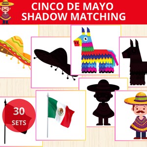 combinación de sombras del cinco de mayo, tarjetas didácticas del cinco de mayo, actividad del cinco de mayo, preescolar, montessori, jardín de infantes, juego del cinco de mayo, imprimible