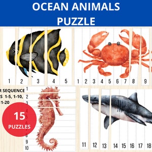 Könnte beinhalten: Ein Satz von 20 druckbaren Puzzle-Teilen mit Meerestieren. Die Puzzles sind von 1 bis 20 nummeriert und beinhalten einen schwarz-gelben Kaiserfisch, eine rote Krabbe, ein braunes Seepferdchen und einen grauen Hai.