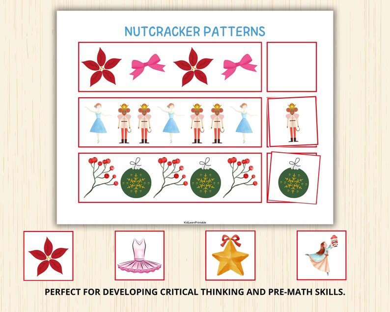 Pu&ograve; includere: Un foglio stampato intitolato "Nutcracker Patterns" presenta file di illustrazioni a tema natalizio, tra cui stelle di Natale, fiocchi, ballerine, schiaccianoci, ornamenti e bacche. Il testo in basso recita "PERFECT FOR DEVELOPING CRITICAL THINKING AND PRE-MATH SKILLS."