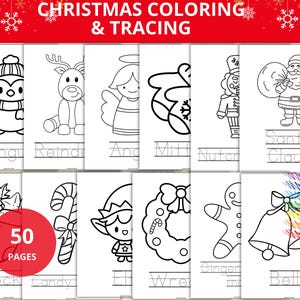May include: A Christmas coloring and tracing book with 50 pages. The pages feature black and white illustrations of Christmas-themed images, including a penguin, reindeer, angel, Santa Claus, and gingerbread man. The book's title is displayed at the top.