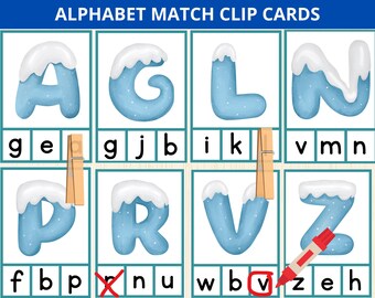 Actividad de alfabeto de invierno, tarjetas de emparejamiento y recortes, combinación de letras mayúsculas y minúsculas, reconocimiento del alfabeto, actividad de emparejamiento de letras