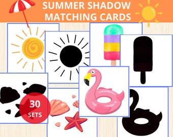 Summer shadow matching cards,summer flashcards,summer activity,preschool,montessori,shadow matching printable,kindergarten, beach game,prek