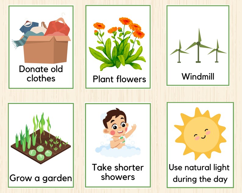 May include: Six illustrated cards with tips for being eco-friendly. The cards show a box of old clothes, a potted plant, a windmill, a garden, a person taking a shower, and a sun.