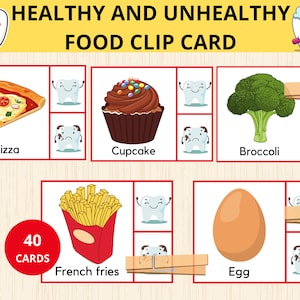 Scheda con clip per alimenti sani o non sani, stampabile di alimenti sani e non sani, smistamento degli alimenti, pagine di libri pieni di attività, Montessori per la scuola materna, nutrizione