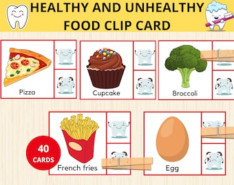 Healthy or Unhealthy Food Clip Card, Healthy and Unhealthy Food Printable, Food Sorting, Busy Book Pages, Preschool Montessori, nutrition