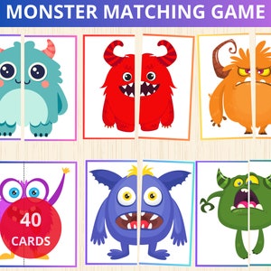 Giochi di abbinamento mostri, puzzle da 2 pezzi, amanti dei mostri, puzzle per bambini, puzzle di simmetria, carte mostro, attività di abbinamento, gioco di abbinamento di Halloween