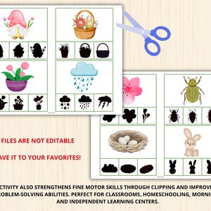Op de afbeelding: Educatief werkblad met kleurrijke illustraties van lente- en paasobjecten, waaronder een kabouter, bloemenmand en konijn. Bevat bijpassende silhouetten en de tekst: "FILES ARE NOT EDITABLE" en "SAVE IT TO YOUR FAVORITES!"