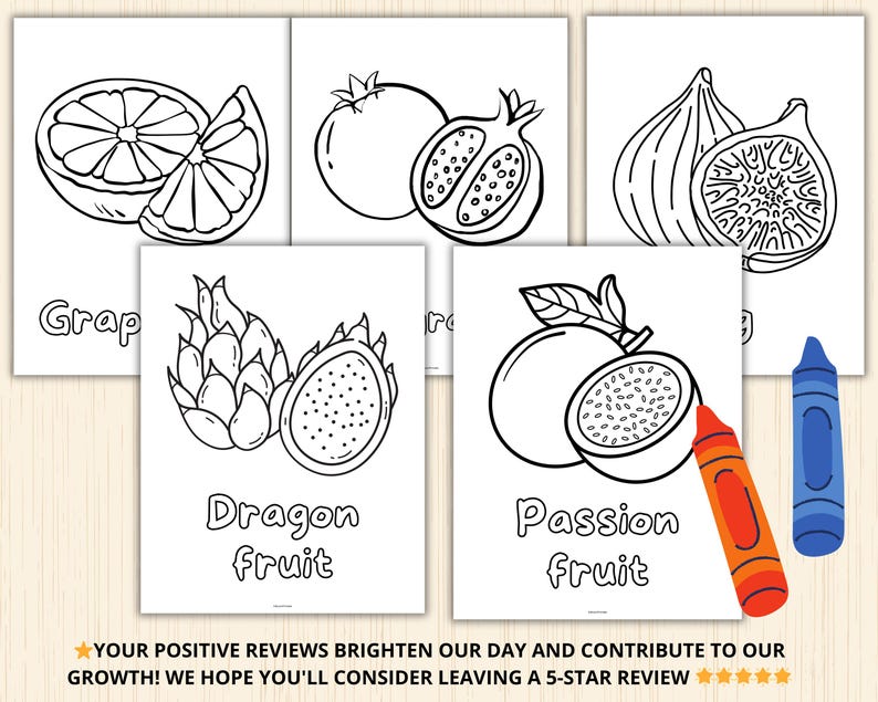 May include: Black and white line art colouring pages featuring different fruits, including a dragon fruit, passion fruit, fig, and grapefruit. The text "Dragon fruit", "Passion fruit", and "Grap" are included on the pages.