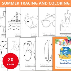 May include: A summer-themed tracing and coloring book with 20 pages. The book features outlines of a sun, boat, fish, sunglasses, sandcastle, beach ball, ice cream, flip-flops, and a surfboard. Includes a cover with the text "Summer Tracing and Coloring Book".