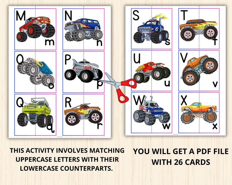 May include: Educational printable featuring colorful monster truck illustrations paired with uppercase and lowercase letters. The activity involves matching letters. The text says, "You will get a PDF file with 26 cards."