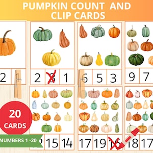 May include: Educational clip cards with pumpkin illustrations for counting practice. The cards feature watercolour images of pumpkins with numbers 1-20. Includes a red circle with "20 CARDS" and a green banner with "NUMBERS 1-20".