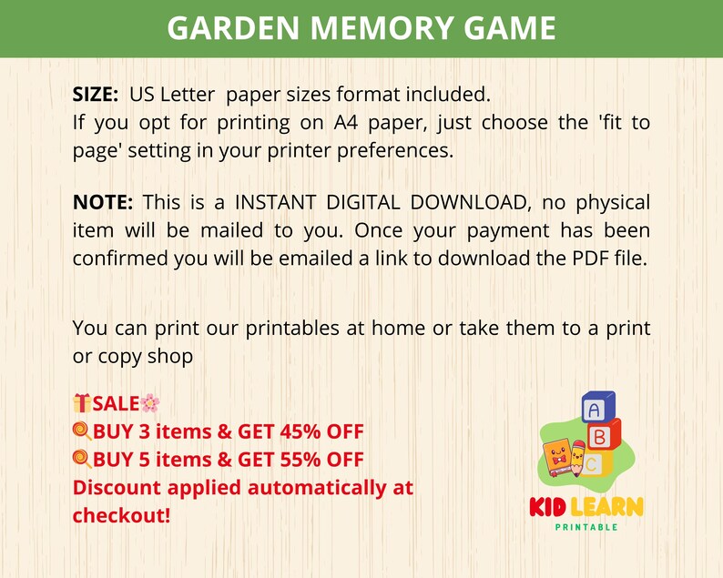 Spring Garden Memory Game for Kids: Matching Activity (PDF Pattern) - Etsy