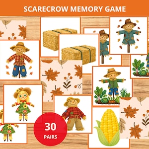 May include: A Scarecrow Memory Game set featuring 30 pairs of cards with illustrations of scarecrows, hay bales, autumn leaves, and corn. The cards display various scarecrow designs in plaid shirts and hats, surrounded by garden vegetables and foliage.