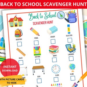 Könnte beinhalten: Ein druckbares "Back to School Scavenger Hunt" Spiel mit farbenfrohen Illustrationen von Schulmaterialien wie Rucksack, Bleistift, Radiergummi und Buntstiften. Der Text "Sofort-Download" ist sichtbar, zusammen mit "Back to School Scavenger Hunt".