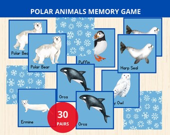 polar animal memory game,arctic animals matching cards,winter preschool memory,arctic animals learn,polar animal unit study,winter busy book