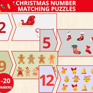 以下が含まれることがあります： クリスマスをテーマにした数字合わせパズル。画像には「Christmas Number Matching Puzzles」の文字が表示されています。パズルには数字の2、5、9、12と、そりに対応する画像、クリスマスの靴下、ジンジャーブレッドマン、ベルが描かれています。