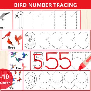 May include: A printable worksheet for kids to practice tracing numbers 1 through 9. The worksheet features a bird theme with illustrations of a seagull, cardinal, hummingbird, and parrot. The numbers are written in red and the tracing lines are in black.