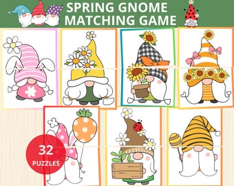 spring Gnomes Matching Game,spring Puzzles, Toddler,Preschool, Homeschool,spring matching puzzle,match the pictures,spring activity,symmetry