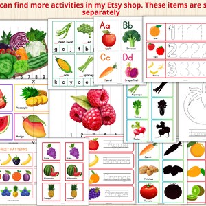 May include: A set of printable educational worksheets featuring colourful illustrations of fruits and vegetables. The worksheets include activities such as tracing numbers, matching pictures, and identifying letters. The worksheets are perfect for preschool and kindergarten children.