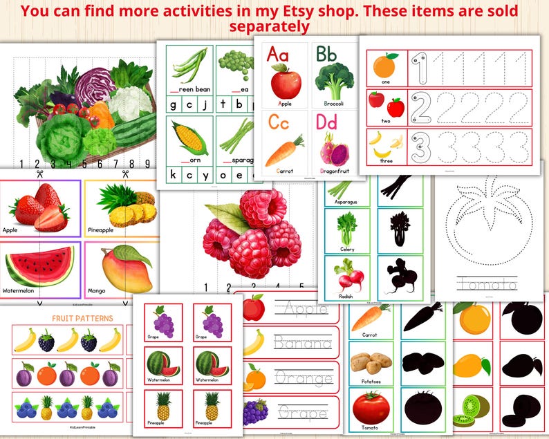 May include: A set of printable educational worksheets featuring colourful illustrations of fruits and vegetables. The worksheets include activities such as tracing numbers, matching pictures, and identifying letters. The worksheets are perfect for preschool and kindergarten children.