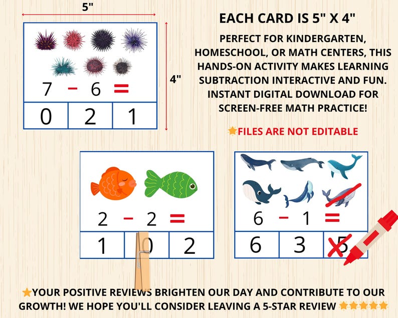 Sea Creature Math Ocean Animal Subtraction Clip Card,ocean Subtraction Cards,sea Animal ...