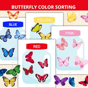 Könnte beinhalten: Lehrreiches Farbzuordnungsspiel mit Schmetterlingen. Das Spiel enthält Karten mit den Farben: Blau, Gelb, Rot und Rosa. Jede Karte hat eine Glaskanne-Grafik mit Schmetterlingen der entsprechenden Farbe. Der Text "BUTTERFLY COLOR SORTING" steht oben.