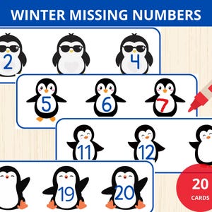 May include: A set of 20 printable cards featuring cartoon penguins with missing numbers. The cards are designed for children to practice counting and number recognition. The cards feature a winter theme with penguins wearing sunglasses.