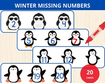 Winter missing numbers,penguin math activities,Missing Numbers 1-20,number sequencing 1-20,preschool math worksheets,number recognition prek