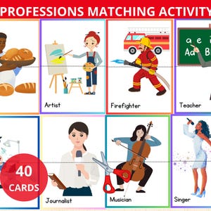 Beroepen Matching-activiteit, bezettingskaarten, banenpuzzel, gemeenschapshelpers, dag van de arbeid, kleuterschool, prek, matching game, puzzelsymmetrie