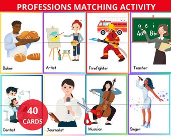 Beroepen Matching-activiteit, bezettingskaarten, banenpuzzel, gemeenschapshelpers, dag van de arbeid, kleuterschool, prek, matching game, puzzelsymmetrie