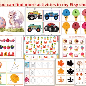May include: A set of printable educational worksheets for kids featuring various themes, including fruit patterns, ice cream patterns, monster truck puzzles, letter tracing, and counting activities. The worksheets are colorful and engaging, with illustrations of fruits, ice cream cones, monster trucks, letters, and numbers.