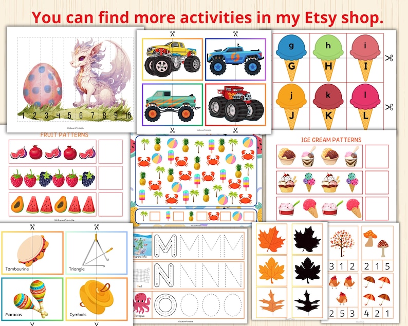 May include: A set of printable educational worksheets for kids featuring various themes, including fruit patterns, ice cream patterns, monster truck puzzles, letter tracing, and counting activities. The worksheets are colorful and engaging, with illustrations of fruits, ice cream cones, monster trucks, letters, and numbers.