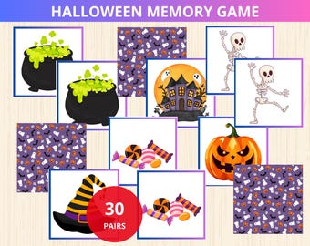 May include: A Halloween-themed memory game featuring 30 pairs of cards. The cards display various spooky illustrations, including a cauldron, haunted house, jack-o'-lantern, skeletons, candy, and a witch's hat. The game's title, "Halloween Memory Game," is at the top.
