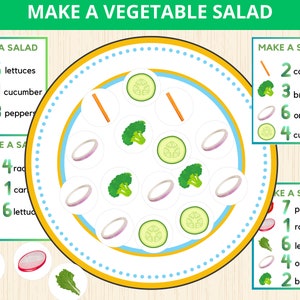 healthy foods,make a vegetable salad,pretend play,kindergarten,preschool,printable veggies,salad assembly, game,Scissor Skills,Busy Bag Idea