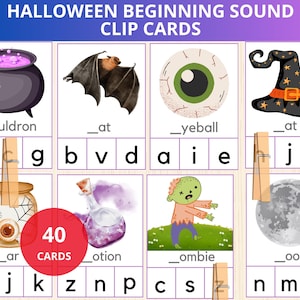 Tarjetas con sonidos iniciales de Halloween, fonética de Halloween, sonidos de letras de Halloween, sonido inicial de Halloween, alfabeto de Halloween, reconocimiento de letras