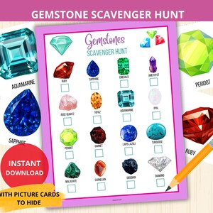 May include: A Gemstone Scavenger Hunt activity sheet with a pink border, featuring illustrations of various gemstones like ruby, sapphire, emerald, and amethyst, each with a checkbox. Includes separate gemstone picture cards and a yellow pencil.