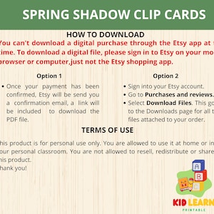 Op de afbeelding: Een afdrukbaar document getiteld "SPRING SHADOW CLIP CARDS" met instructies over het downloaden van het digitale bestand. Het document bevat gebruiksvoorwaarden en een logo voor "KID LEARN PRINTABLE".