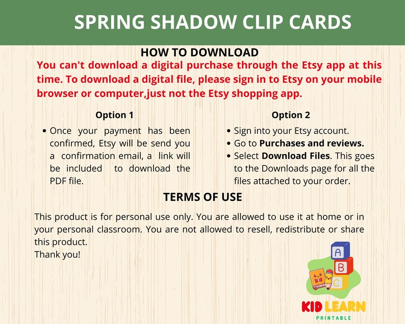 Op de afbeelding: Een afdrukbaar document getiteld "SPRING SHADOW CLIP CARDS" met instructies over het downloaden van het digitale bestand. Het document bevat gebruiksvoorwaarden en een logo voor "KID LEARN PRINTABLE".