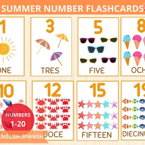 May include: Summer themed number flashcards in English and Spanish. The flashcards feature colorful illustrations of a sun, umbrellas, sunglasses, ice cream cones, seashells, crabs, starfish, and fish. The numbers 1 through 19 are displayed on the flashcards.