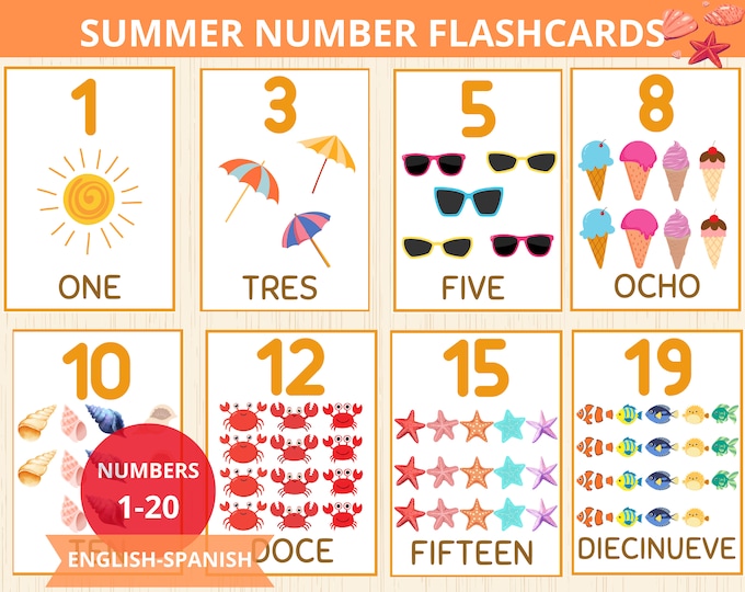 Sumer Number Summer Number Flashcards,numbers 1-20,numbers Bilingual Flashcards ...