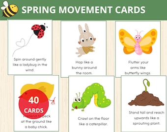 Cartões de movimento de primavera, Flashcards de ação para crianças, Cartões de ação, Atividade Montessori, flashcards de primavera, Jogo ativo, Habilidades motoras brutas, Pré-escola