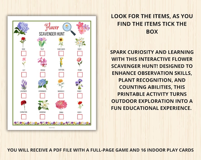 Spark curiosity and learning with this interactive Flower Scavenger Hunt! Designed to enhance observation skills, plant recognition, and counting abilities, this printable activity turns outdoor exploration into a fun educational experience.